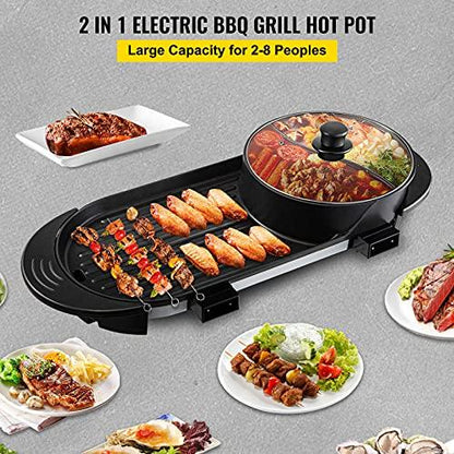 VEVOR Electric Grill Hot Pot 2 in 1, Multifunctional Grill Pan Indoor, Separate Dual Temperature Control, Large Capacity Non-Stick Pan Portable Korean BBQ, Electric Shabu Hot Pot 110V Smoke Free Stove - CookCave