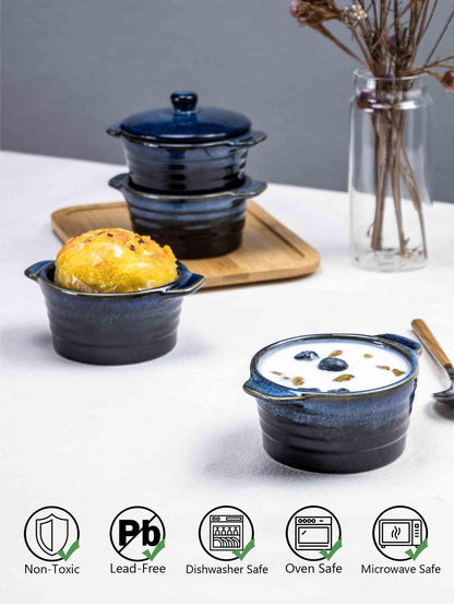 Henten Home Ceramic 8 oz Ramekins with Lid, Porcelain Mini Cocotte with Handle Set of 4, Reactive Glaze Samll Casseroles Dishfor Baking, Custard Cup, Pudding, Crème brûlée (Deep Blue) - CookCave