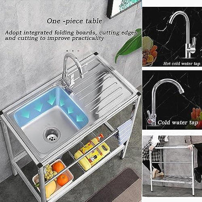 Outdoor Stainless Steel Sink, Free Standing Commercial Restaurant Utility Single Bowl Kitchen Washing Station Hand Basin Sink Set with Storage Shelves for Laundry Tub Backyard Garage - CookCave
