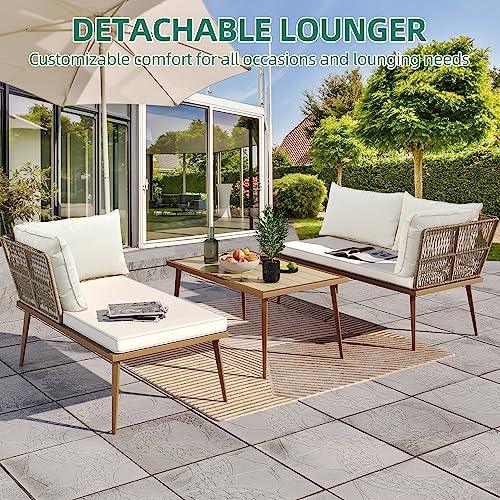 YITAHOME 3 Pieces Patio Furniture Set, Outdoor Rattan Woven Conversation Sectional L-Shaped Sofa with 5 Seater for Backyard, Porch, Boho Detachable Lounger with Cushions and Side Table - Beige - CookCave