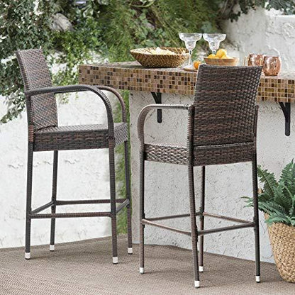 Homall Patio Bar Stools Wicker Barstools Indoor Outdoor Bar Stool Patio Furniture with Footrest and Armrest for Garden Pool Lawn Backyard Set of 2 (Brown) - CookCave