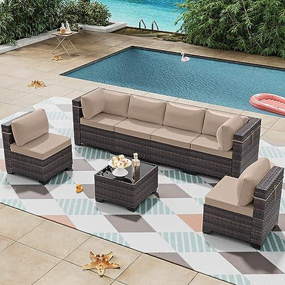 RTDTD Outdoor Patio Furniture Set, 7 Pieces Outdoor Furniture All Weather Patio Sectional Sofa PE Wicker Modular Conversation Sets with Coffee Table,6 Chairs & Seat Clips Brown - CookCave