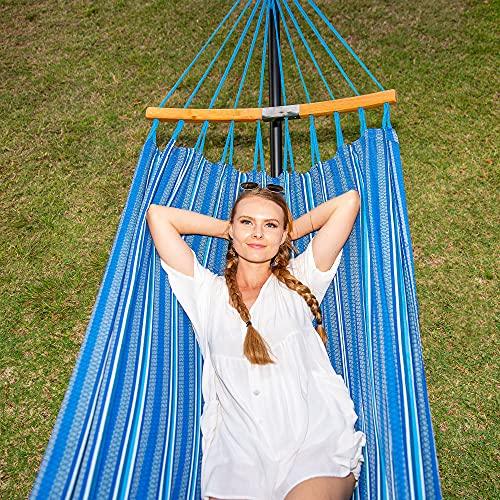 SUNCREAT Hammocks Double Hammock with Curved Spreader Bar, Outdoor Portable Hammock with Carrying Bag & Tree Straps for Bedroom, Patio, Backyard, Balcony, Max 450lbs Capacity, Blue - CookCave