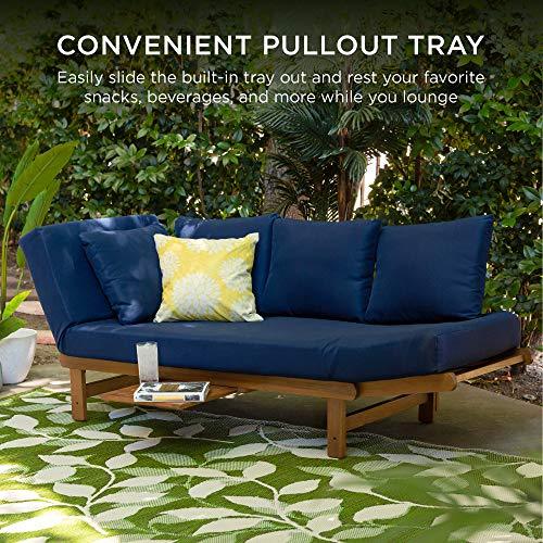 Best Choice Products Outdoor Convertible Acacia Wood Futon Sofa Furniture for Patio, Balcony, Poolside, Backyard w/Pullout Tray, Removable Weather-Resistant Cushion & 4 Pillows - Navy Blue - CookCave