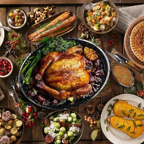 14.6 Inch Roaster Pan, Enamel Oval Turkey Roasting Pan with Domed Lid - Mother's Gift, Covered, Non-sticky, Free of Chemicals - Rôtissoire Chicken Meat Roasts Casseroles & Vegetables (14.6 Inch) - CookCave