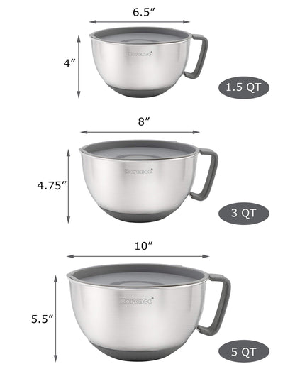 Rorence Mixing Bowls Set: Stainless Steel Non-Slip Bowls with Pour Spout, Handle and Lid - Set of 3 - Gray - CookCave