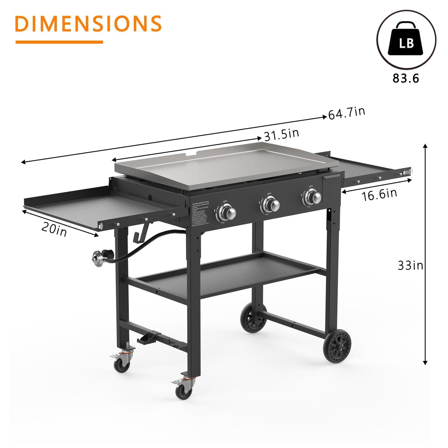 SKOK Foldable Gas Griddle-31.5 Inch Outdoor Propane Griddle, Portable Flat Top Gas Grill -45000 BTU Propane Fuelled, 3 Burners Table Top Griddle Station with Side Shelves - CookCave