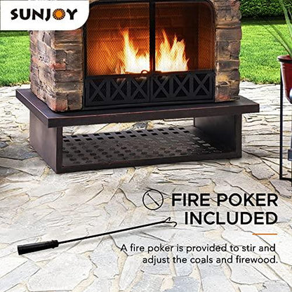 Sunjoy Outdoor Fireplace, Heavy Duty Patio Wood Burning Fireplace with Steel Chimney, Mesh Spark Screen Doors, Removable Grate and Fire Poker, Black - CookCave