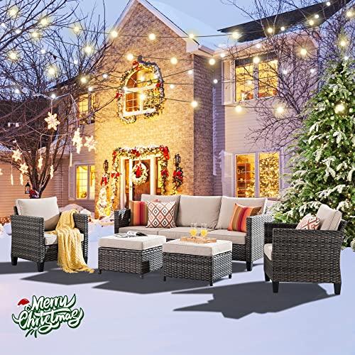 ovios Outdoor Furniture 5 Pieces Patio Furniture Set Sectional Conversation Set All Weather Wicker Rattan Sofa Couch for Yard Deck Porch, Grey Wicker, Beige Cushion - CookCave