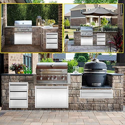 Atatod 14" W Outdoor Kitchen Drawer Stainless Steel BBQ Triple Drawer Flush Mount for Outdoor Kitchen Island(Overall Size:14" W x 21" H x 23" D inch) - CookCave