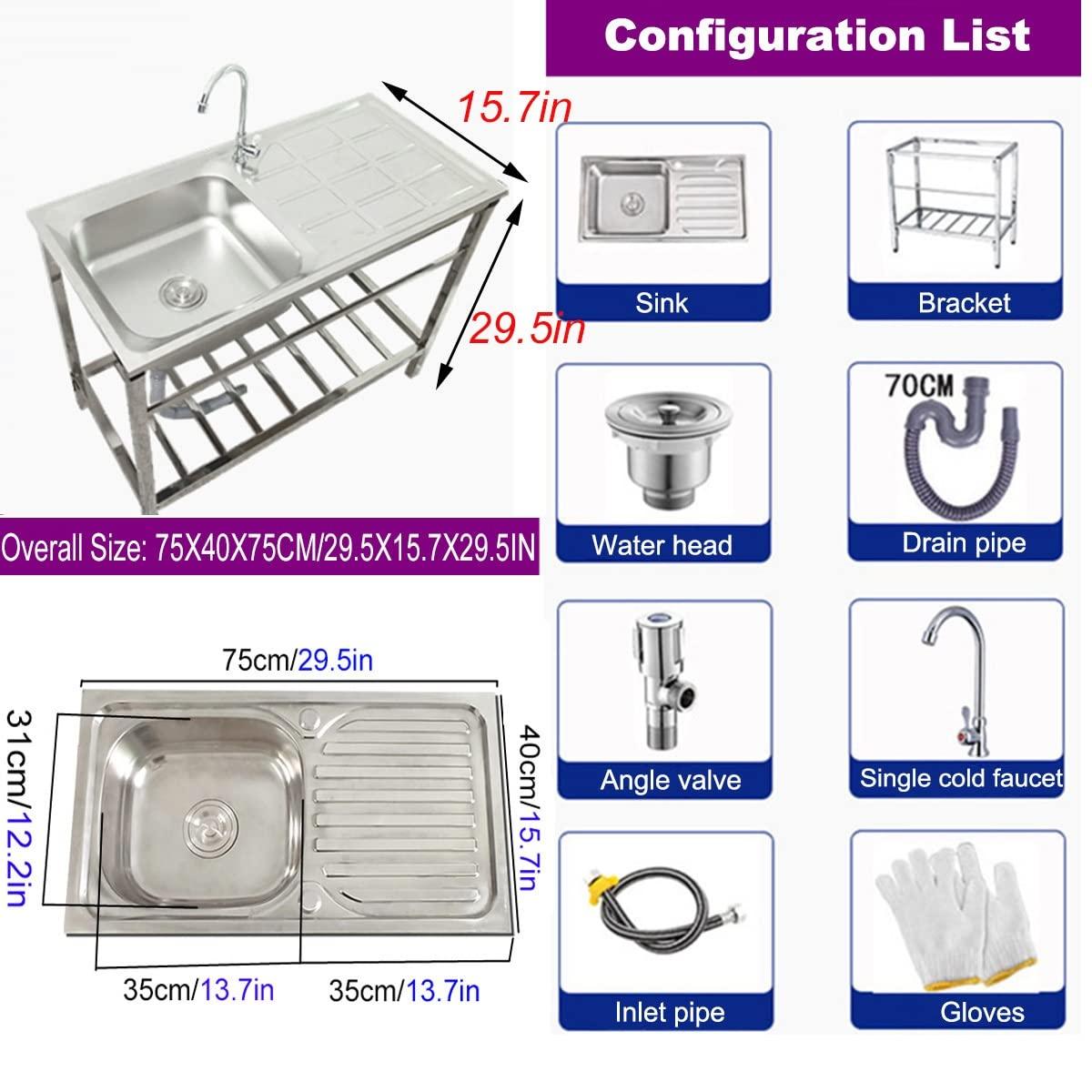 MELPIS 30 Inch Silver Freestanding Kitchen Sink - Stainless Steel Single Bowl Sinks for Indoor Outdoor, Utility Laundry Washing Hand Basin w/Workbench & Faucet, Heavy Duty Sink - CookCave