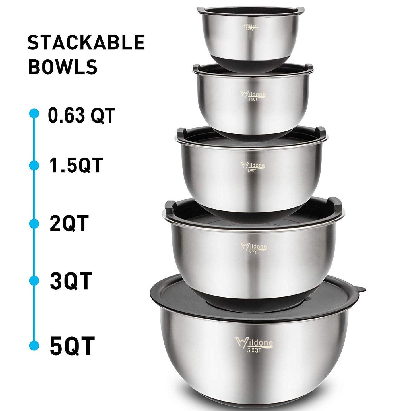 Wildone Mixing Bowls Set of 5, Stainless Steel Nesting Bowls with Lids, 3 Grater Attachments, Measurement Marks & Non-Slip Bottoms, Size 5, 3, 2, 1.5, 0.63 QT, Great for Mixing & Serving - CookCave