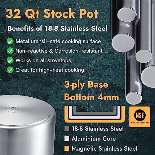 CURTA 32 Quart Large Stock Pot with Lid and Basket, NSF Listed, 3-Ply 18/8 Stainless Steel Cooking Pot, Commercial Cookware for Soup, Stew & Sauce, Riveted Silicone Handle - CookCave