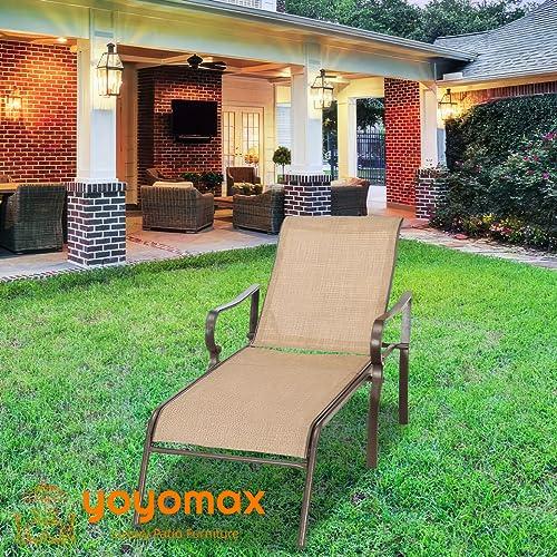 yoyomax Chaise Lounge Outdoor w/Adjustable Back in 5 Reclining Levels, Sturdy Metal Frame, Sunbathing Chair for Beach, Yard, Balcony, Poolside, Beige - CookCave
