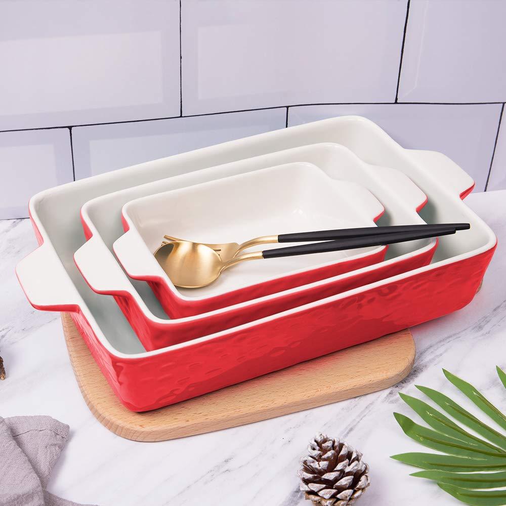 Krokori Casserole Dishes for Oven, Baking Dishes Lasagna Pan Ceramic Baking Pan Deep Glaze Bakeware for Cooking, Kitchen, Cake Dinner, Banquet and Daily Use, 3PCS (11.6 x 7.8 Inches, Red) - CookCave