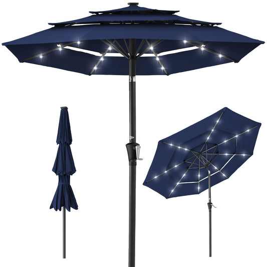 Best Choice Products 10ft 3-Tier Solar Patio Umbrella, Outdoor Market Sun Shade for Backyard, Deck, Poolside w/ 24 LED Lights, Tilt Adjustment, Easy Crank, 8 Ribs - Navy - CookCave