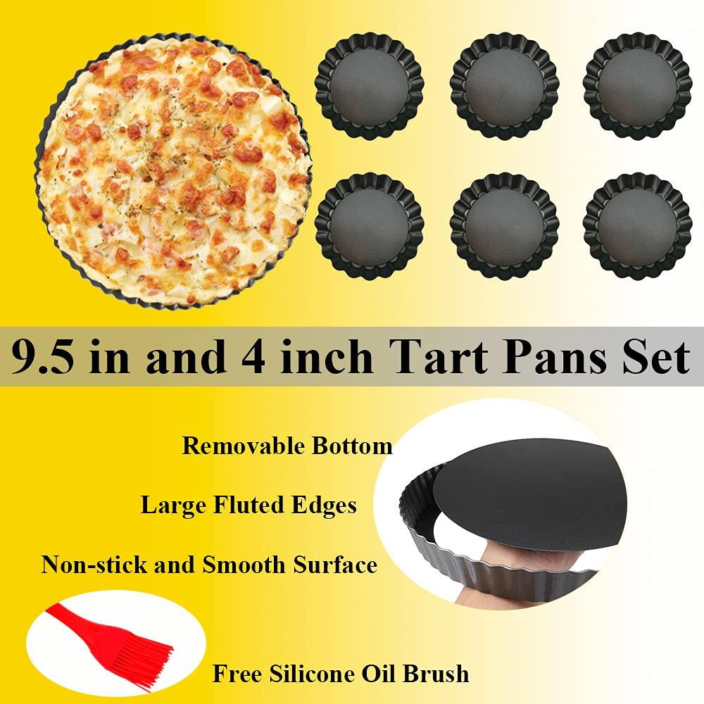 DATANYA 8 Pack Tart Pan 9.5 Inch & 4 Inch Mini Tart Pans Removable Bottom Quiche Pan Non-Stick Deep Baking Dish Pie Pan Heavy Duty Carbon Steel for Mousse Cakes, Dessert Baking- 1 Silicone Oil Brush - CookCave