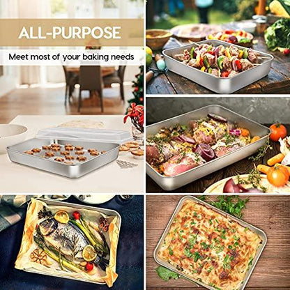 E-far Baking Pan with Lid(12.4/10.4/9.4 inch), Stainless Steel Rectangular Sheet Cake Pans with Cover, Metal Bakeware Sets for Lasagna Casseroles Brownie, Non-toxic & Dishwasher Safe - 3 Pans + 3 Lids - CookCave