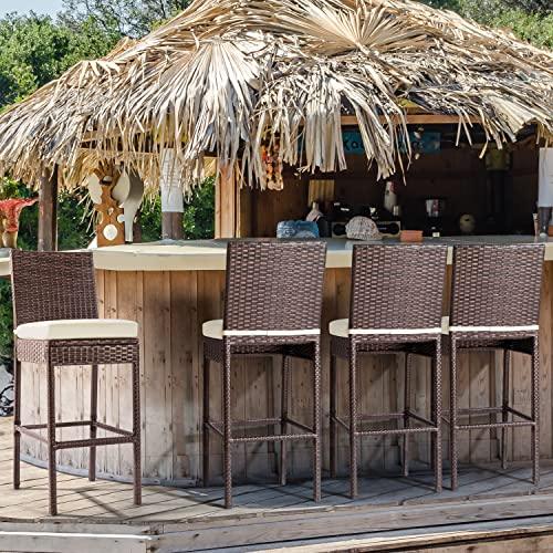 Outdoor Bar Stools Wicker Woven Patio Stools & Patio Bar Chairs Set of 4 Counter Bar Height Stools with Footrest Armless Cushion Beige All Weather Rattan Garden Stool for Pool Lawn Porch Backyard - CookCave