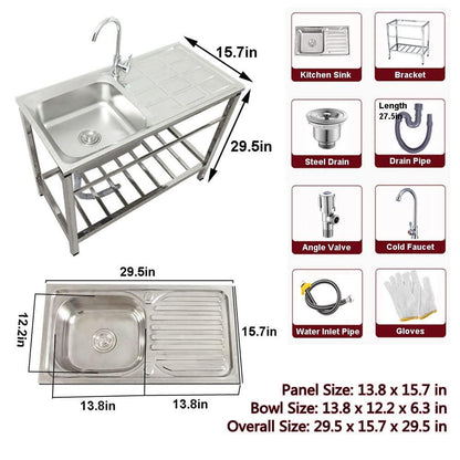 ZHXIPP Freestanding Kitchen Sink Commercial Stainless Steel Single Bowl Sink with Storage Shelves Restaurant Sink Utility Utility Washing Hand Basin 29.5 x15.7 X 29.5 in (Silver) - CookCave