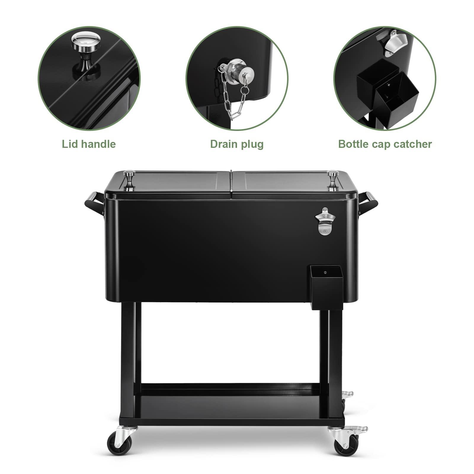 EDOSTORY 80 Quart Black Rolling Ice Chest Cooler Cart,Patio Backyard Party Drink Beverage Bar Stand Up Cooler Trolley with Ice Scoop - CookCave