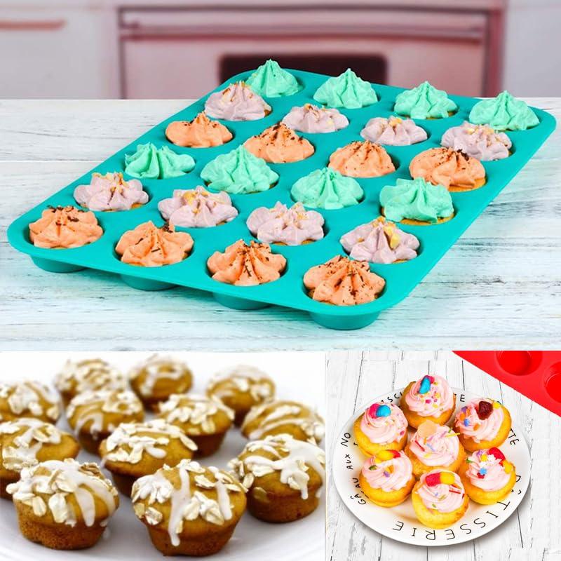 Mini Muffin &Cupcake Set, 24 Cups 2-Pieces, Nonstick Silicone Baking Pan, BPA Free and Dishwasher Safe, Great for Making Muffin Cakes, Tart, Bread (24 Cups Red,2 PCS) - CookCave