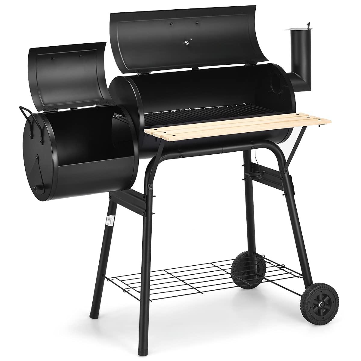 HAPPYGRILL Outdoor BBQ Grill with Offset Smoker & Thermometer, Portable Barbecue Charcoal Grill Oven with Wheels for Patio Backyard Party - CookCave