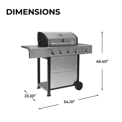 Kenmore 4-Burner Gas Grill with Side Burner, Outdoor BBQ Grill, Propane Gas Grill, Cast Iron Cooking Grates, Electronic Ignition, Warming Rack, Open Cart Design, 53000 BTUs, Stainless Steel - CookCave