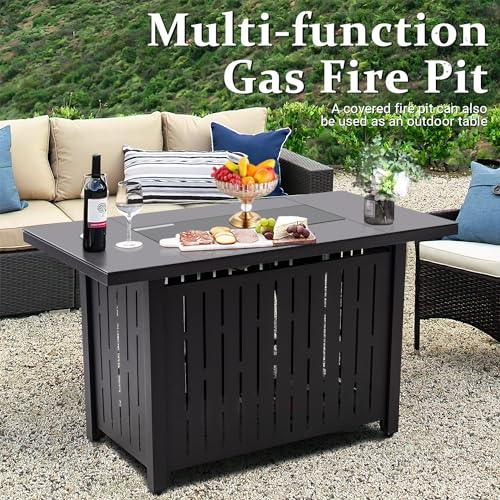 Greesum 43" Propane Gas Fire Pit Table 50,000 BTU Outdoor Rectangular FirePit with Lid, Rain Cover for Outside Garden Backyard Deck Patio, Black - CookCave