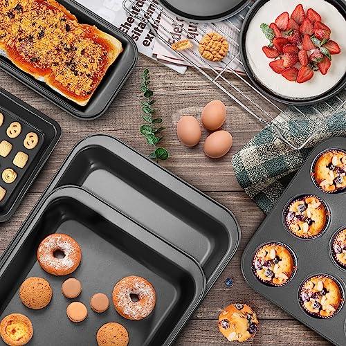 Nonstick Baking Pans Set, 9 Pieces Bakeware Set Stackable for Oven with Non-stick Cookie Sheet, Square/Round Cake Pans, Muffin, Loaf Pan, Baking Tray, Cooling Rack and Oven Mitt - CookCave