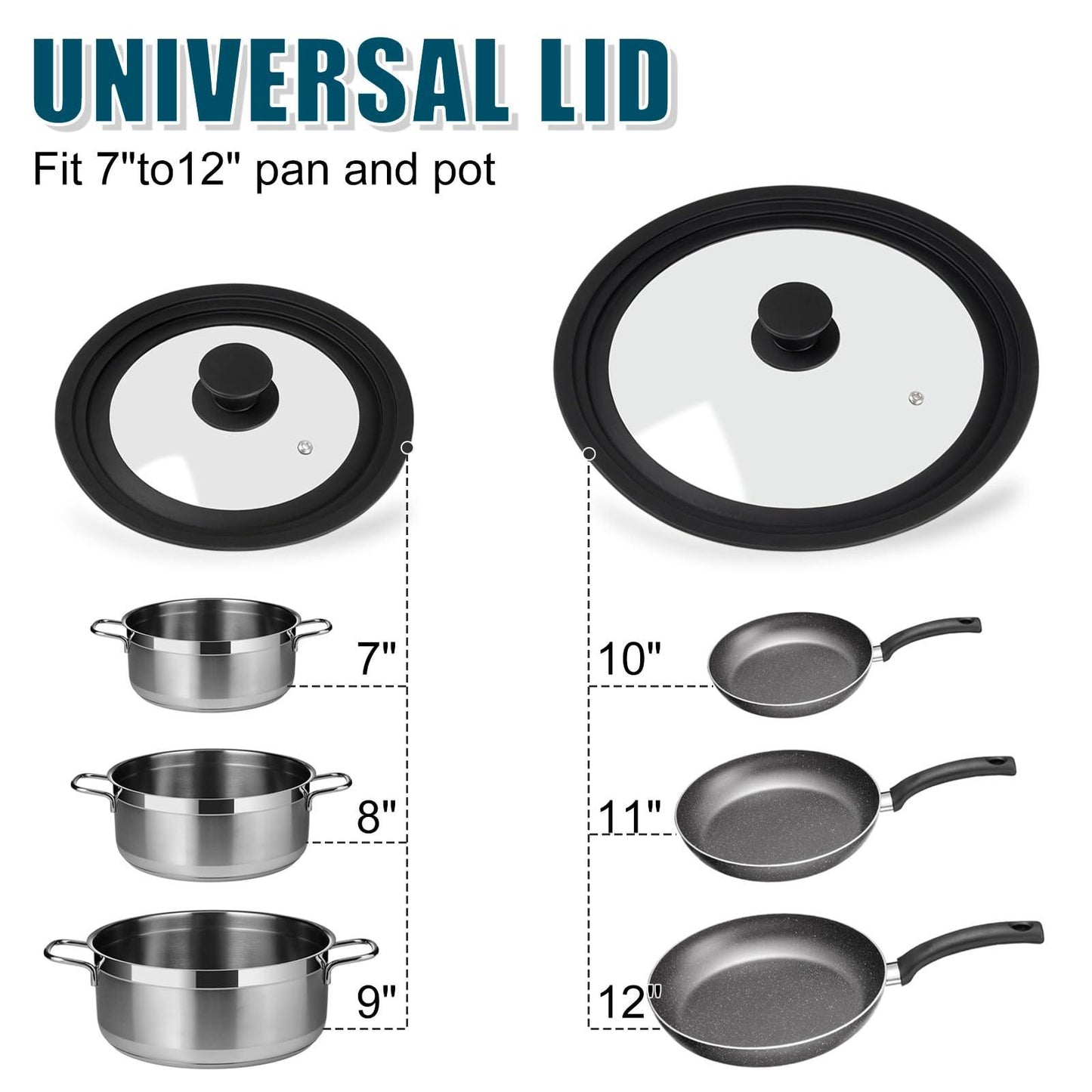 Universal Lid for Pots Pans and Skillets, 2 Pack Pan Cover fit 7", 8" 9" & 10", 11", 12" Diameter Cookware, Silicone Replacement Pan Lid Pot Lids for Frying Pans, Cast Iron,Tempered Glass Lid - CookCave