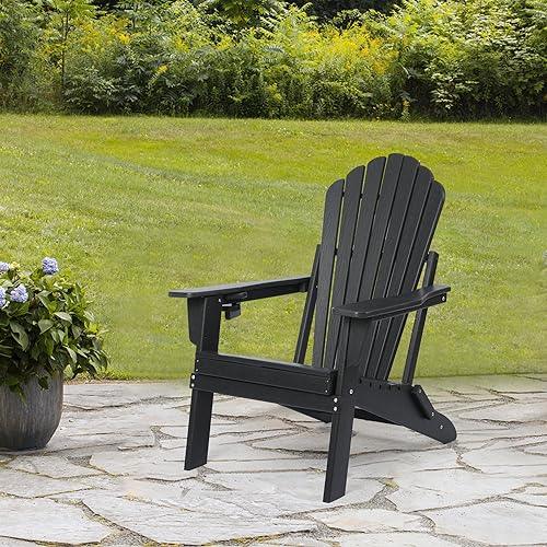 Plawdlik Folding Adirondack Chair Set of 2,SGS Tested,Wooden Textured with Cup Holder,Widened Heavy All-Weather HDPE Comfortable Seating for Ourdoor Black - CookCave