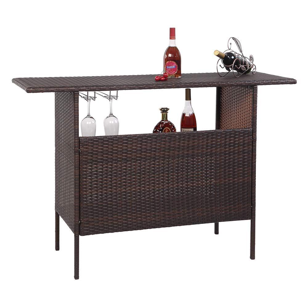 VINGLI Wicker Outdoor Bar Table with 2 Steel Shelves, Sets of Rails, Rattan Patio Storage for Backyard, Poolside, Garden - CookCave
