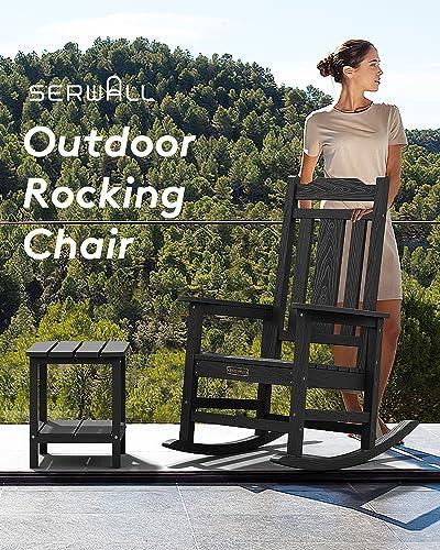 SERWALL Outdoor Rocking Chair, All Weather Resistant Patio Rocking Chair, HDPE Poly Rocking Chair for Adults, Heavy Duty Front Porch Rocker, Black - CookCave
