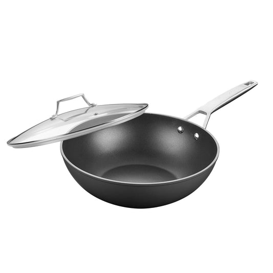 MsMk Titanium and Ceramic Nonstick Wok pan with lid，12 Inch Woks & Stir Fry Pans with Stay-Cool Handle，Flat Bottom Wok Suits for Induction, Electric, Gas, Halogen, All Stoves - CookCave