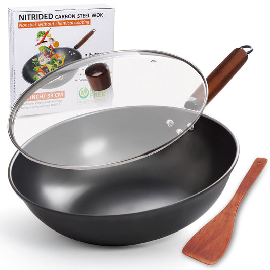 Clatine Wok Pan with Lid, 13 Inch Wok & Stir-fry Pan with Wooden Spatula, No Chemical Coated Carbon Steel Wok, Nitrided Non-stick Chinese Wok with Flat Bottom for Induction, Electric, Gas Stove - CookCave
