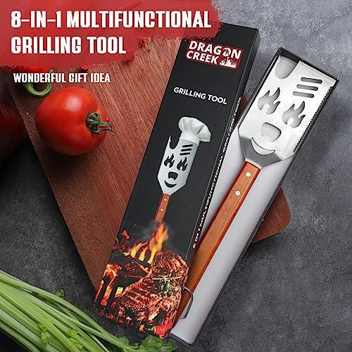 Grill Spatula for Outdoor Grill, 8 in 1 BBQ Spatula with Flip Fork，Knife, Serrated Edge, 16" Long Grilling Tools with Wooden Handle, Unique BBQ Grilling Gifts for Men - CookCave