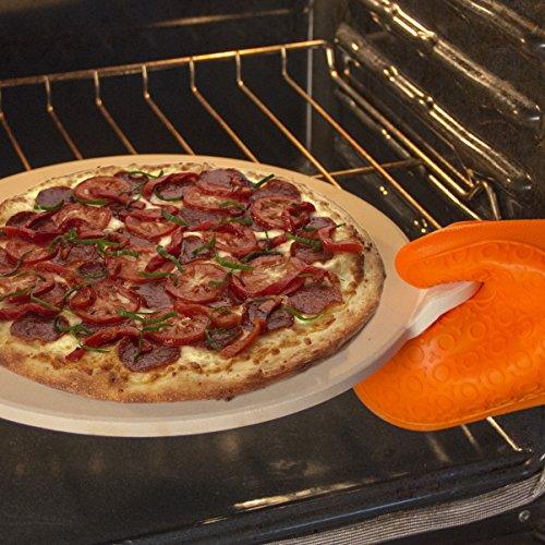 Baking Pizza Stone with handles for Grill, Oven & BBQ15” Durable, Certified Safe, for Ovens & Grills. Bonus Silicone Mitt. - CookCave