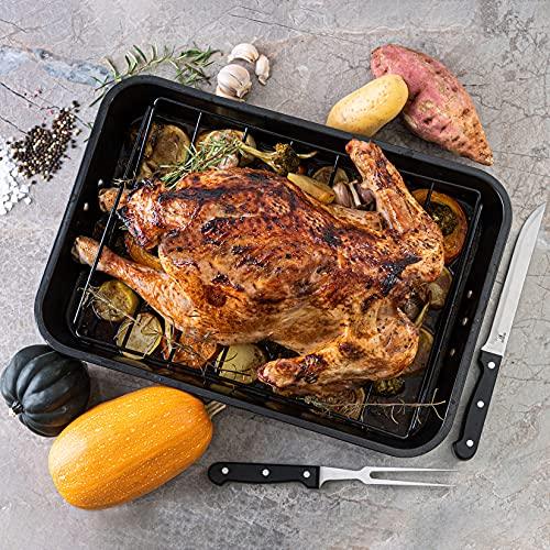 Moss & Stone Carbon Steel Roaster Pan With “V” Shape Removable Roasting Rack Set, 16.5 Inch Rectangular Nonstick Roasting Pan, Turkey Roaster Pan Rack With Carving Fork & Chef Knife - CookCave