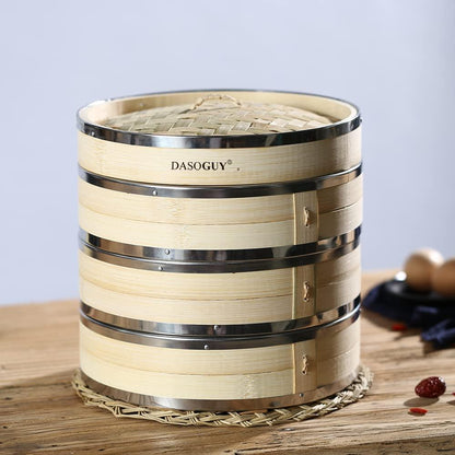 Dasoguy 10.6 Inch Handmade Bamboo Steamer with Whole Metal Rings, 3 Tiers Steam Basket for Dumpling Dim Sum Bun Rice Chinese Food, Includes 1 Set of Chopsticks & 3 Cotton Liners - CookCave