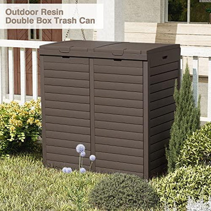 Greesum 78 Gallon Resin Outdoor Trash Can, Double Box Waste Bin with Tiered Lid, Drip Tray and Armrest for Patio, Backyard, Deck, 230 Liters, Dark Coffee - CookCave