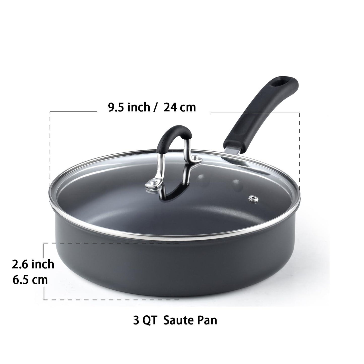 Cook N Home 2635 3 Quart/24cm Anodized Nonstick Saute Pan, 3 Quarts, Black - CookCave