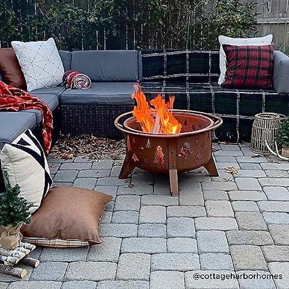 Sunjoy 30 in. Outdoor Wood-Burning Fire Pit, Patio Tree Motif Round Steel Firepit Large Fire Pits for Outside with Spark Screen and Poker - CookCave