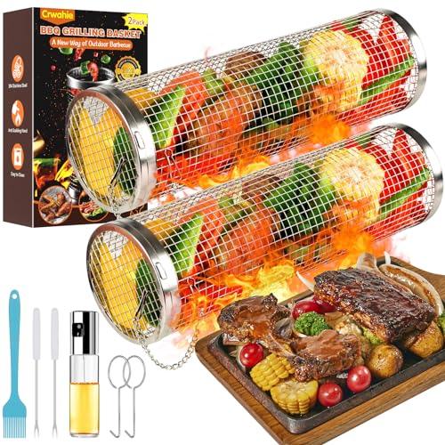 BBQ Grill Basket, Rolling Grilling Basket, Stainless Steel Grill Mesh Barbeque Grill Accessories, Portable Grill Baskets for Outdoor Grill for Fish, Shrimp, Meat, Vegetables, Fries (large size) - CookCave