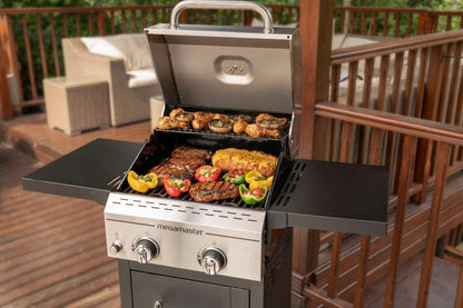 Megamaster 2-Burner Propane Barbecue Gas Grill with Foldable Side Tables, Perfect for Camping, Outdoor Cooking, Patio, Garden Barbecue Grill, 28000 BTUs, Silver and Black, 720-0864MA - CookCave