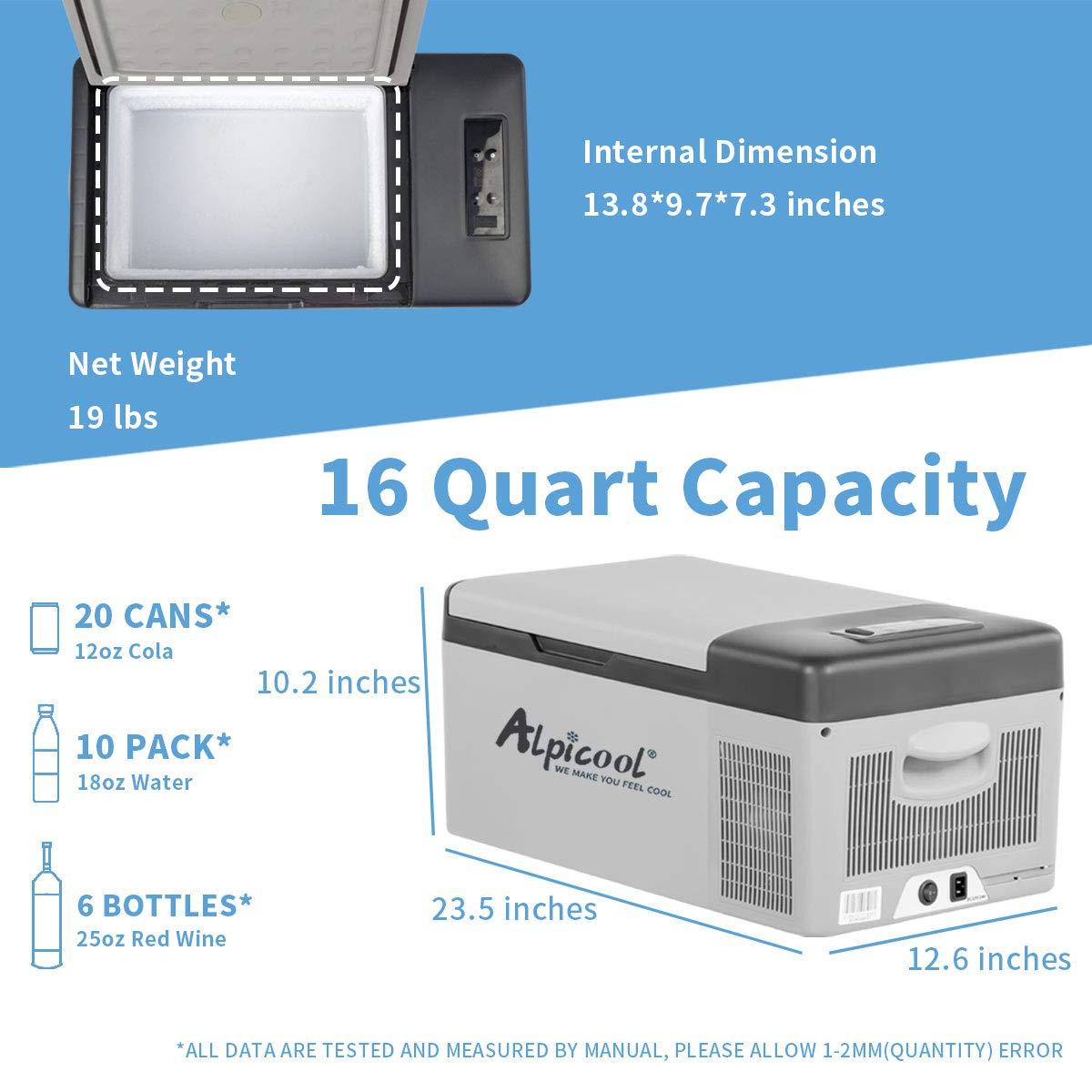 Alpicool C15 Portable Freezer,12 Volt Car Refrigerator, 16 Quart (15 Liter) Fast Cooling 12V Car Fridge -4℉~68℉, Car Cooler, 12/24V DC and 100-240V AC for Outdoor, Camping, RV, Truck, Boat - CookCave