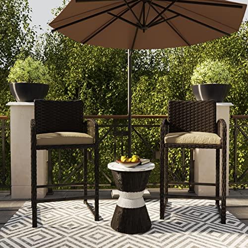 Usinso Outdoor Bar Stools Set of 2, Rattan Bar Height Chairs with Armrests, Footrests, Cushion Beige, All-Weather Wicker Woven Stools for Garden, Backyard, Poolside, Deck(Brown) - CookCave