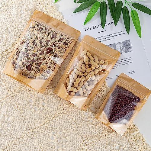 50pcs Kraft Bags With Window Clear Fornt Pouches Resealable Stand Up Zip Lock Food Storage Bags Brown 3.5"x5.5" - CookCave