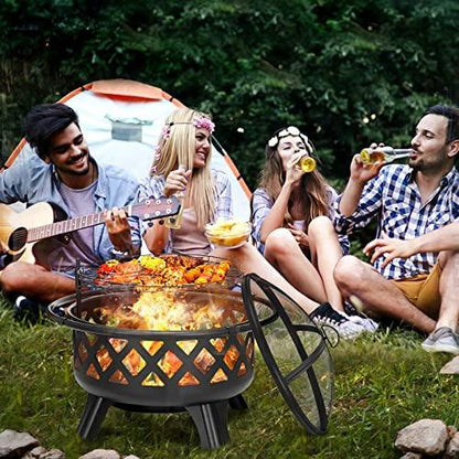 SINGLYFIRE 30 Inch Fire Pits for Outside with Grill Outdoor Wood Burning Firepit Large Steel Firepit Bowl for Patio Backyard Picnic Garden with Swivel BBQ Grill, Ash Plate,Spark Screen, Poker - CookCave