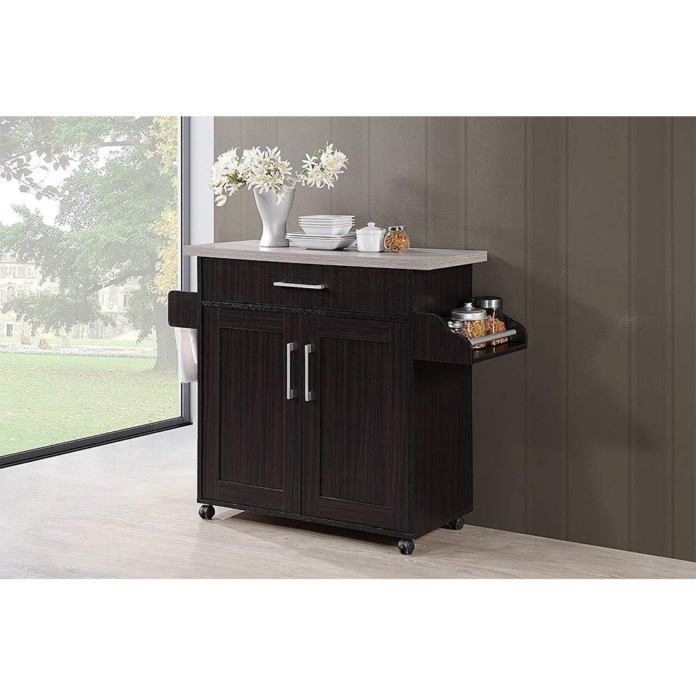 Hodedah Kitchen Island with Spice Rack, Towel Rack & Drawer, Chocolate with Grey Top - CookCave